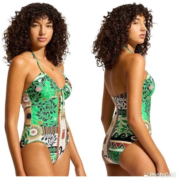 Seafolly Green Drawstring Halter Printed Atlantis Ecru Swimsuit One Piece - Picture 1 of 15